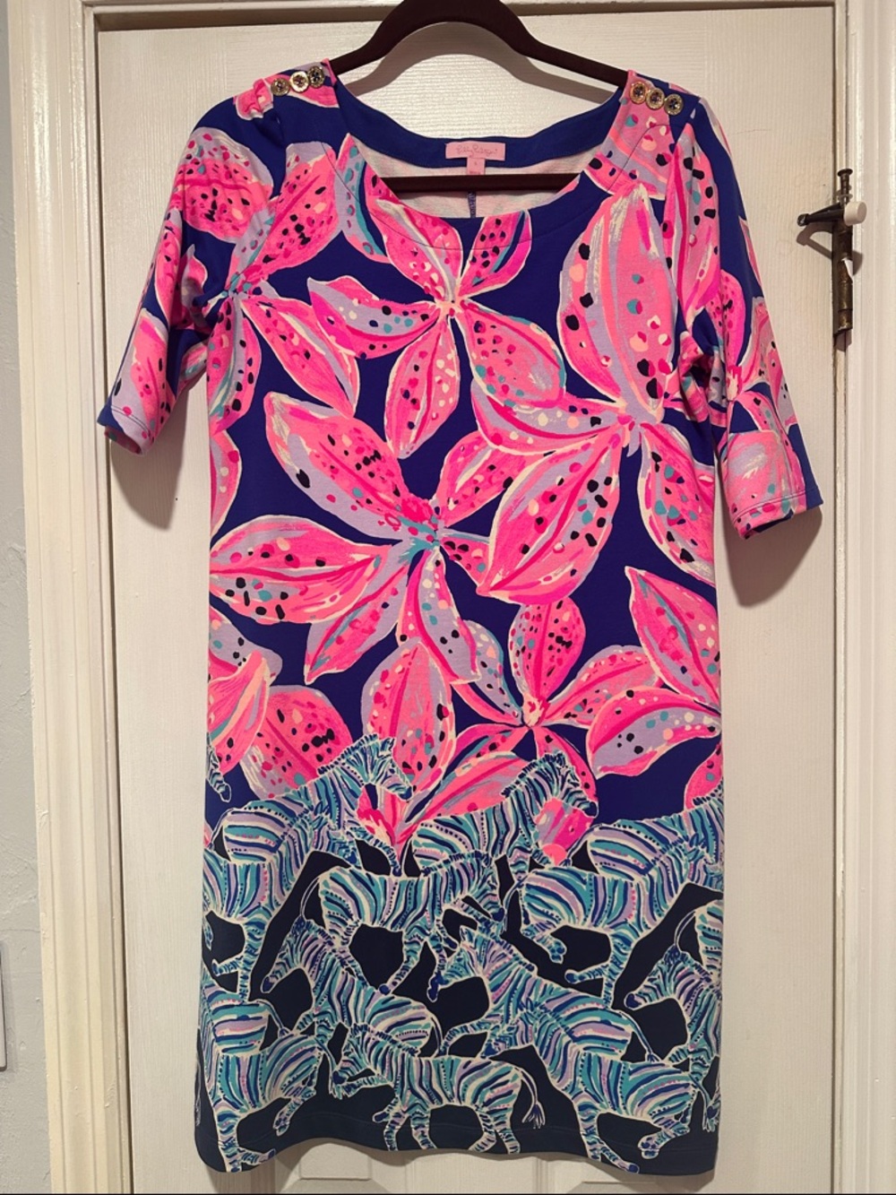 🦓 Lilly Pulitzer Navy Shift Dress with Hot Pink Floral Print